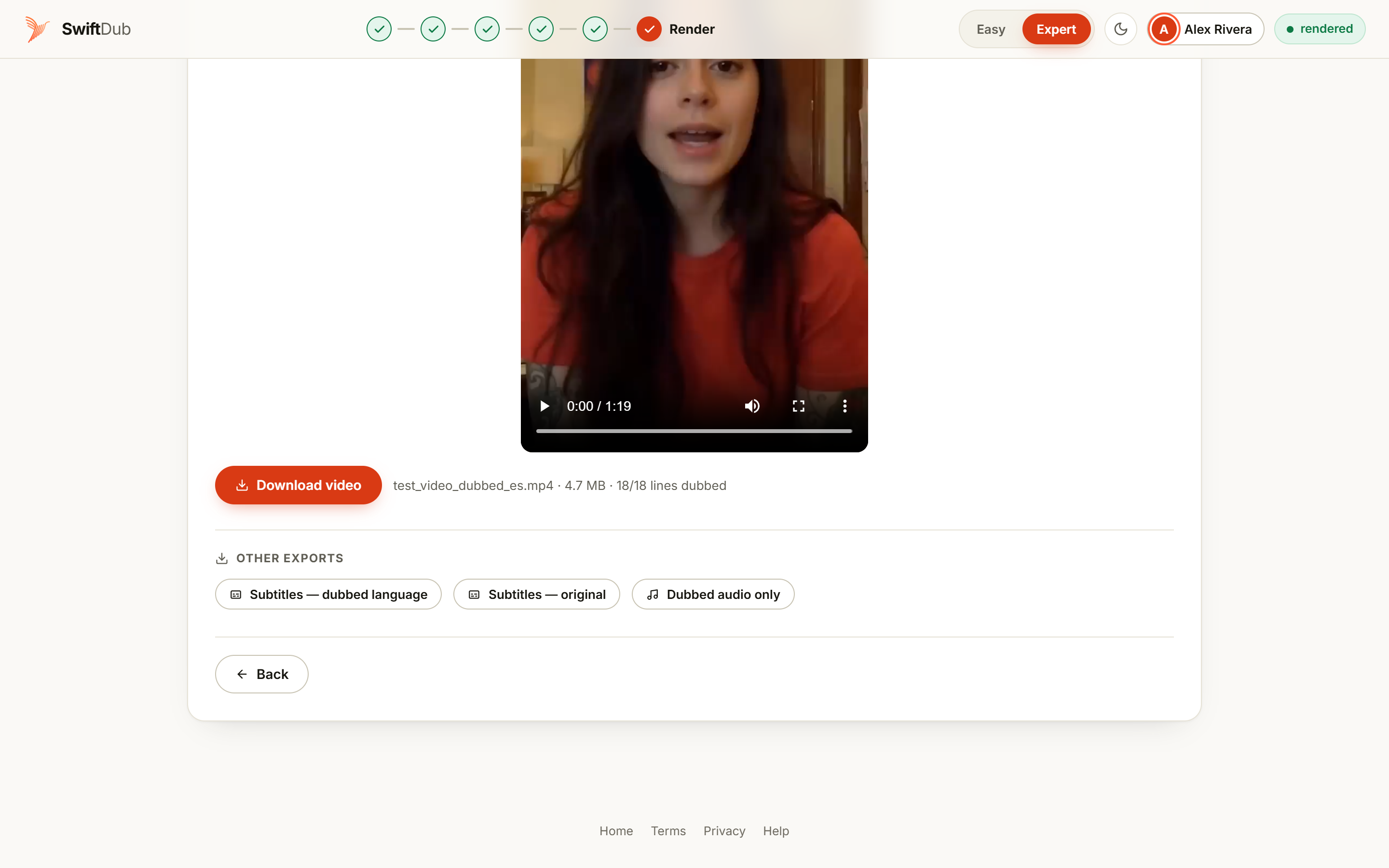 SwiftDub after a render: a Download video button beside the file name, its size and the note 18/18 lines dubbed, and under Other exports three buttons — Subtitles dubbed language, Subtitles original, and Dubbed audio only