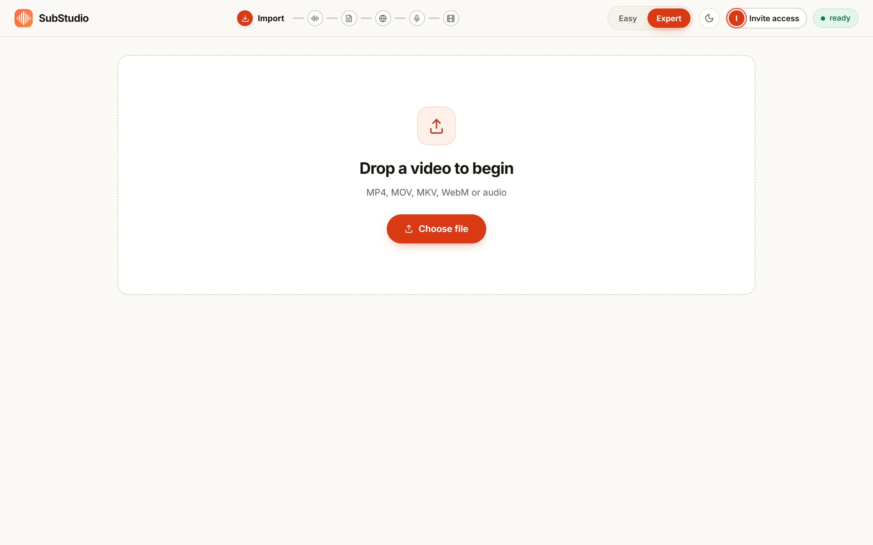 SwiftDub import screen: a drop zone that accepts MP4, MOV, MKV, WebM or audio files, with a Choose file button